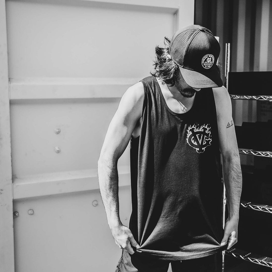 Hockey Winger In Flames Premium Tank Top - - Men's Tank Tops - Violent Gentlemen Hockey Lifestyle | Built by Fans for Fans | Perfect Gift for hockey fan or hockey players that live in the hockey culture