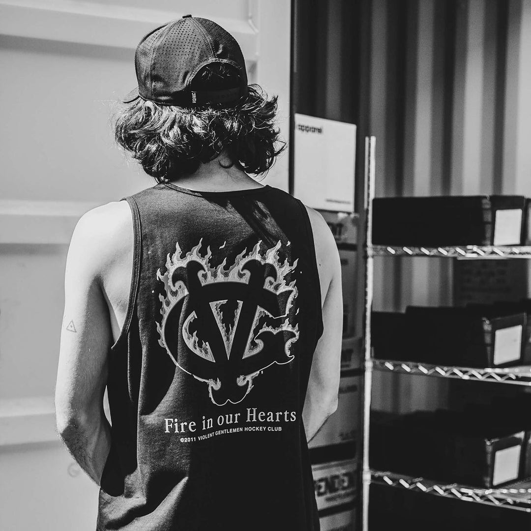 Hockey Winger In Flames Premium Tank Top - - Men's Tank Tops - Violent Gentlemen Hockey Lifestyle | Built by Fans for Fans | Perfect Gift for hockey fan or hockey players that live in the hockey culture