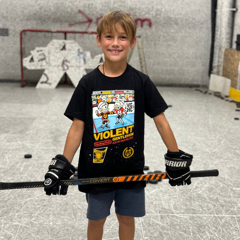 Hockey 8-Bit Kids Tee - - Kid's T-Shirts - Violent Gentlemen Hockey Lifestyle | Built by Fans for Fans | Perfect Gift for hockey fan or hockey players that live in the hockey culture