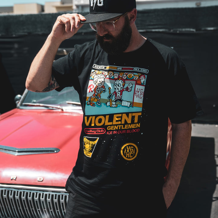 Hockey Goal 8-Bit Premium Tee - - Men's T-Shirts - Violent Gentlemen Hockey Lifestyle | Built by Fans for Fans | Perfect Gift for hockey fan or hockey players that live in the hockey culture