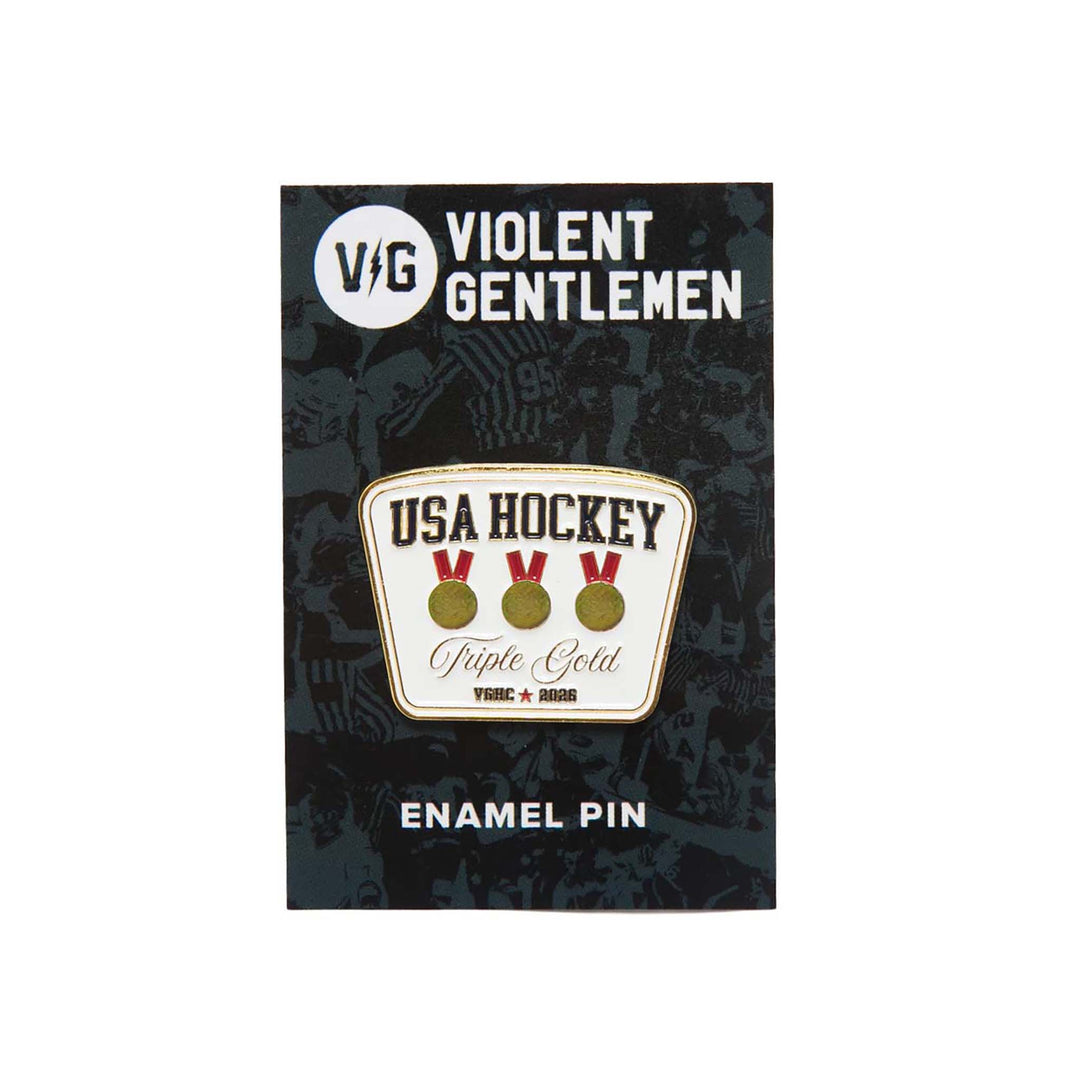 Hockey USA Triple Gold Enamel Pin - - Accessories - Violent Gentlemen Hockey Lifestyle | Built by Fans for Fans | Perfect Gift for hockey fan or hockey players that live in the hockey culture