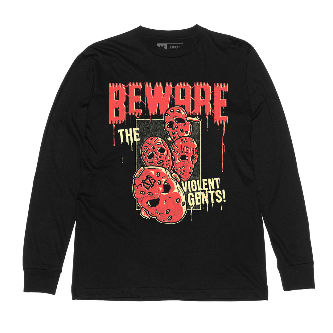 Hockey Beware Long Sleeve Tee - - Men's Long Sleeve T-Shirts - Violent Gentlemen Hockey Lifestyle | Built by Fans for Fans | Perfect Gift for hockey fan or hockey players that live in the hockey culture