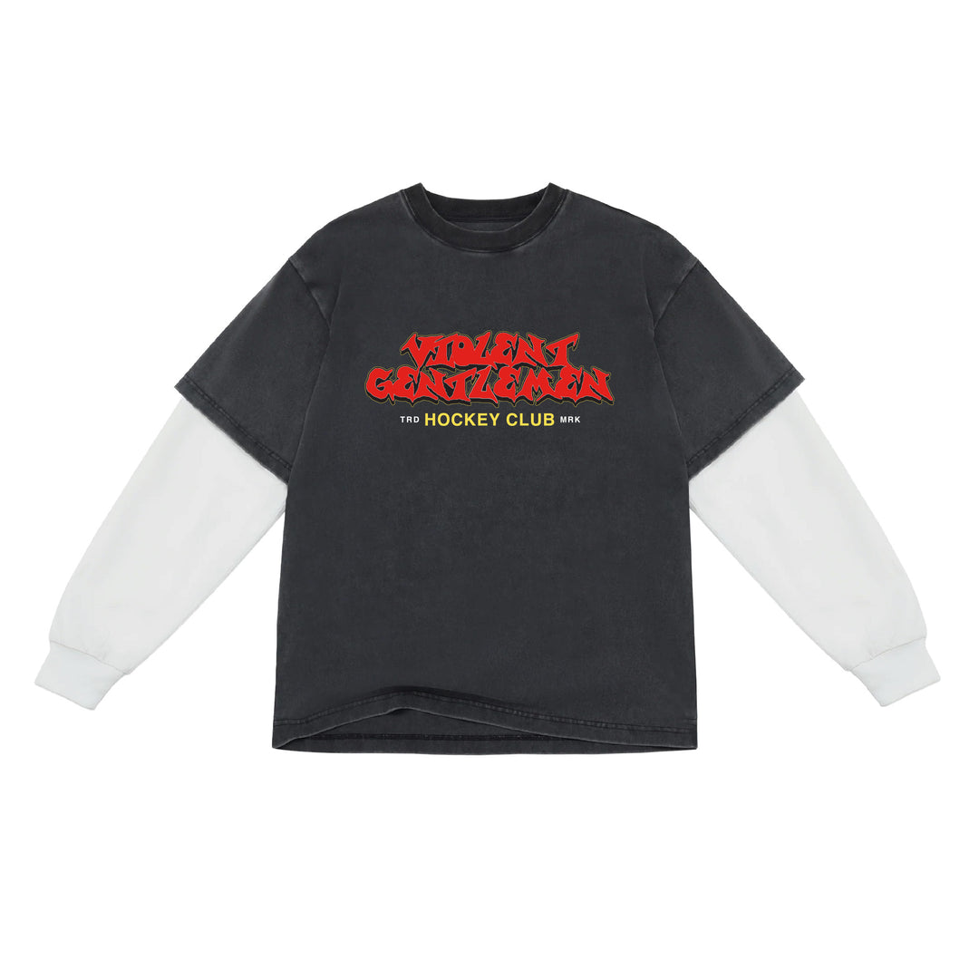 Hockey Tremor Oversized Two-fer Long Sleeve Tee - - Men's Long Sleeve T-Shirts - Violent Gentlemen Hockey Lifestyle | Built by Fans for Fans | Perfect Gift for hockey fan or hockey players that live in the hockey culture