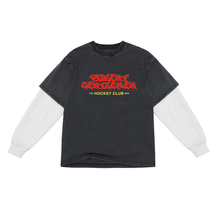 Hockey Tremor Oversized Two-fer Long Sleeve Tee - - Men's Long Sleeve T-Shirts - Violent Gentlemen Hockey Lifestyle | Built by Fans for Fans | Perfect Gift for hockey fan or hockey players that live in the hockey culture